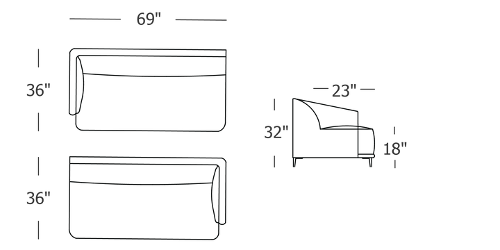 Formal Mallo One - Arm Sofa 69" - Modular Component #base_metal-stiletto-legs